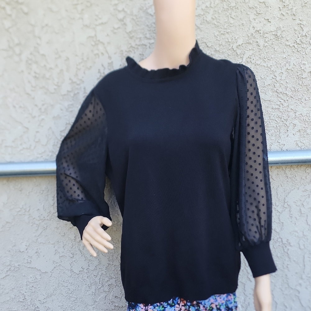Adrianna Papell Black Ruffled Relaxed Blouse Size L